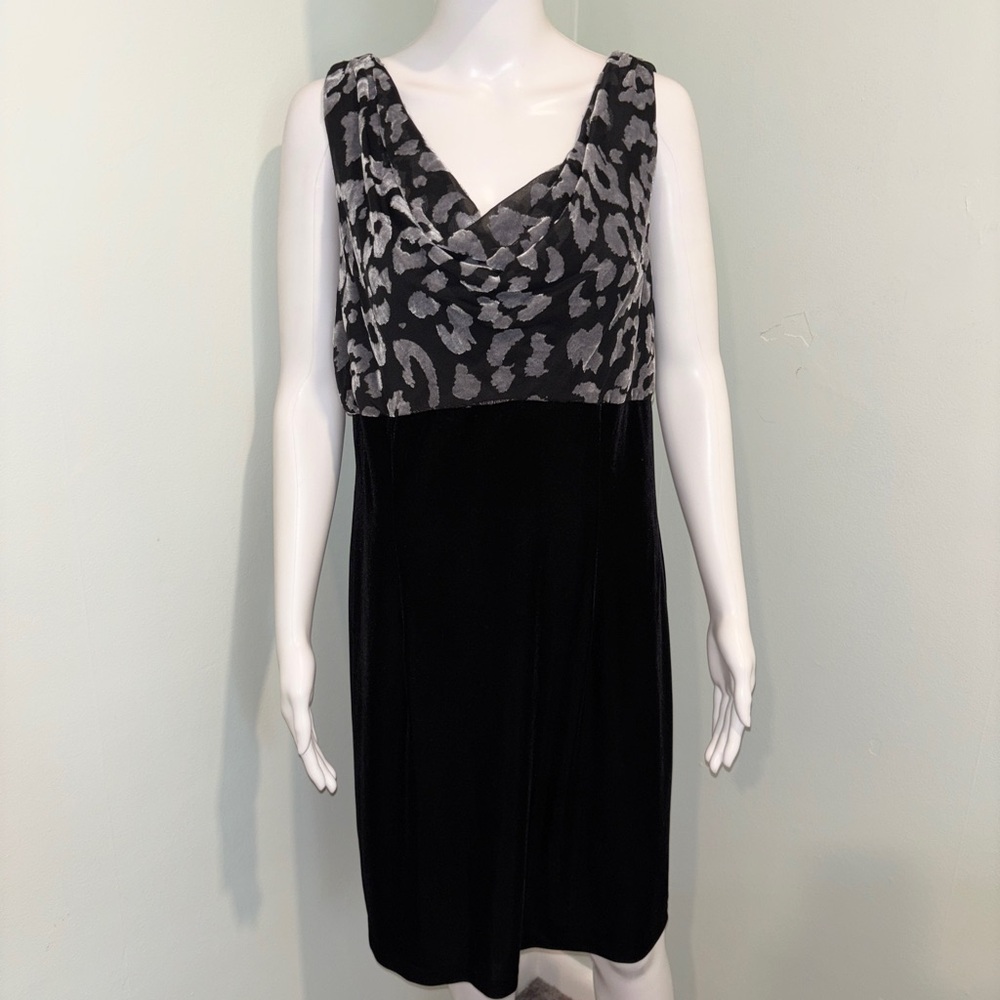 ALYX Sleeveless Leopard Print Cowl Neck Black/Grey Velvet Knee Length Dress - 16